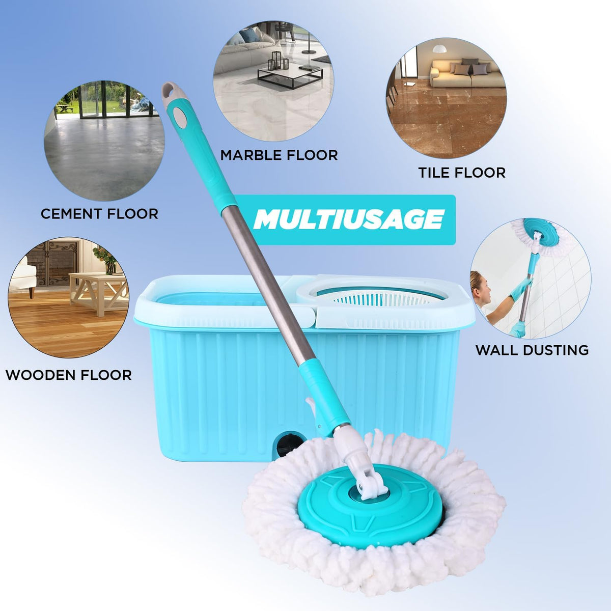 Mumma's LIFE Spin Mop with Bucket, 2 Wet Dry Mop Heads, Extendable Steel Handle, Square Mop