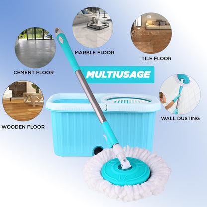 Mumma's LIFE Spin Mop with Bucket, 2 Wet Dry Mop Heads, Extendable Steel Handle, Square Mop