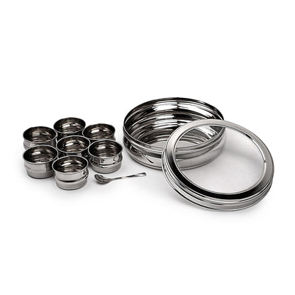 Mumma's LIFE Belly Shape Stainless Steel Masala Box with 7 Bowls and See Through Lid