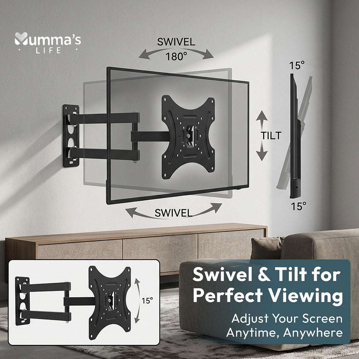 Mumma's LIFE Wall Mount TV Stand For 14 To 55 Inch LED Smart TVs Adjustable Swivel Tilt Movable Black
