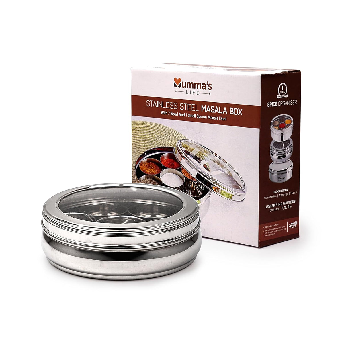 Mumma's LIFE Belly Shape Stainless Steel Masala Box with 7 Bowls and See Through Lid