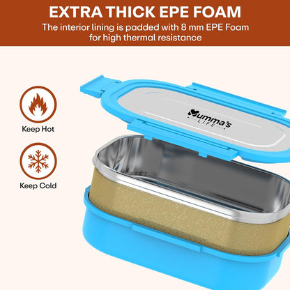 Mumma's LIFE Stainless Steel Tiffin Box with 4 Side Lock Lid, 910 ml and Inner Stainless Steel Container, 135 ml, Food Grade | Air Tight | Easy to Carry | Leak Proof (Kiddy Lunch Box Blue)