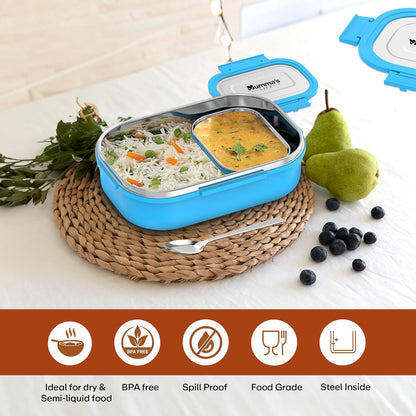 Mumma's LIFE Stainless Steel Tiffin Box with 4 Side Lock Lid, 910 ml and Inner Stainless Steel Container, 135 ml, Food Grade | Air Tight | Easy to Carry | Leak Proof (Kiddy Lunch Box Blue)