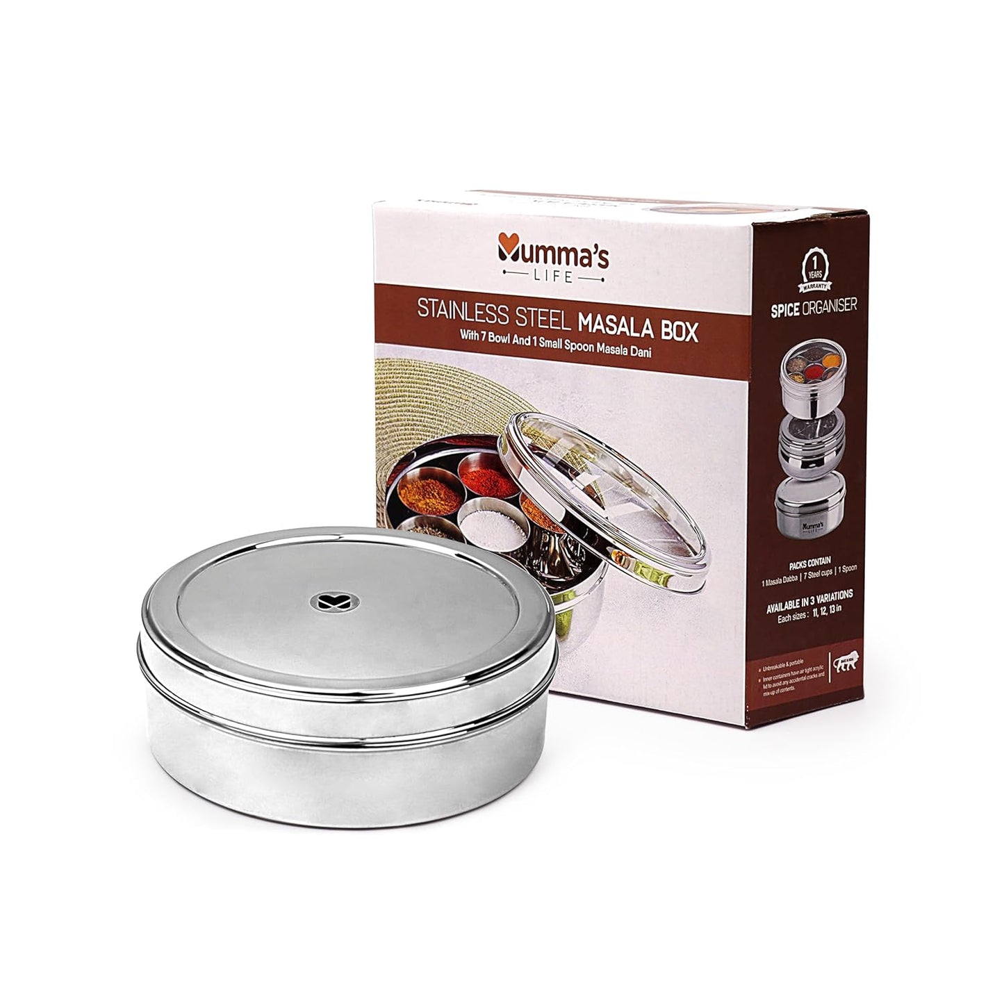 Mumma's LIFE Stainless Steel Masala Dabba/Spice Box with Plain Lid, 7 Containers and 1 Small Spoons (13 Inch)