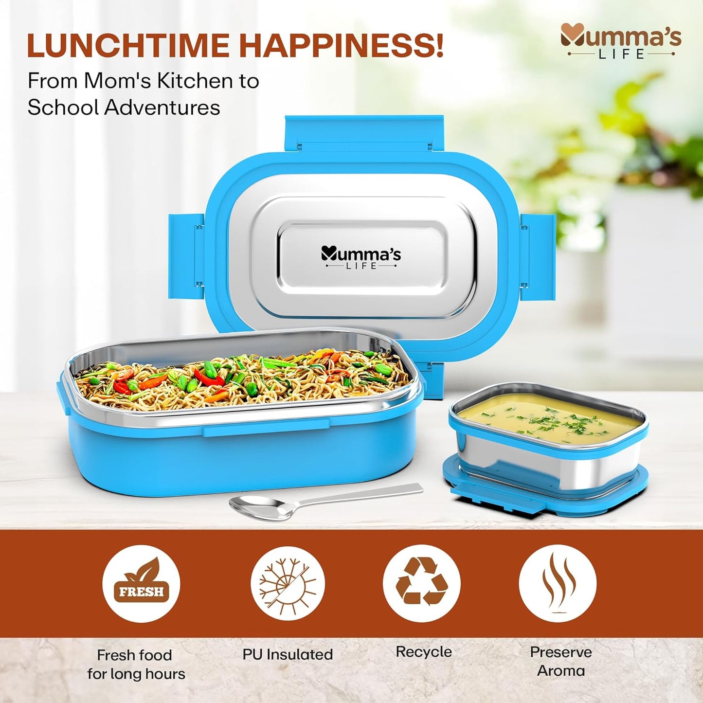 Mumma's LIFE Stainless Steel Tiffin Box with 4 Side Lock Lid, 910 ml and Inner Stainless Steel Container, 135 ml, Food Grade | Air Tight | Easy to Carry | Leak Proof (Kiddy Lunch Box Blue)
