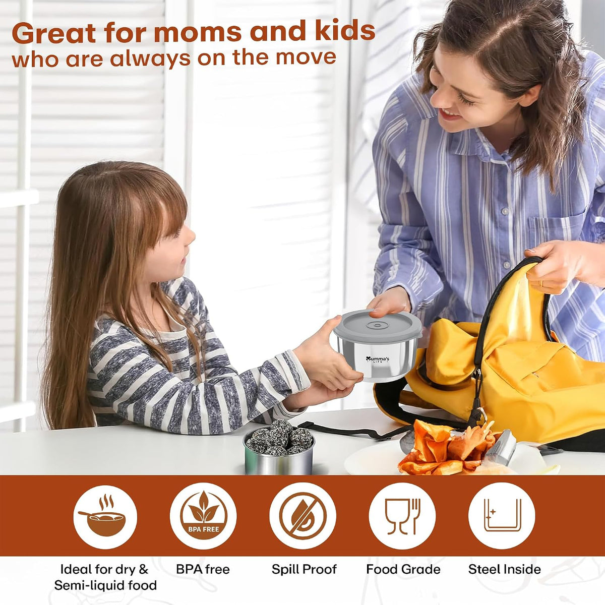 Mumma's LIFE Stainless Steel Airtight Containers With Leak Proof Lids, Set Of 3, Bpa Free, Odourless, Dishwasher Safe, Ideal For School And Office, 330Ml Capacity Each, Food Grade Silicon Seal, (Bea)