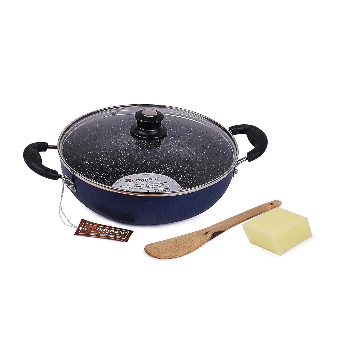 Mumma's LIFE Non Stick Deep Kadai with Glass Lid, PFOA Free, Induction and Gas Friendly