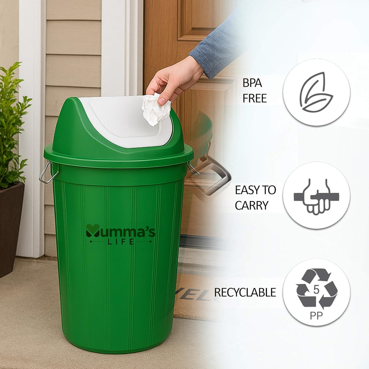 Mumma's LIFE Plastic Swing Lid Dustbin for Home | Garbage and Waste Dustbin, 30 Litres, Green