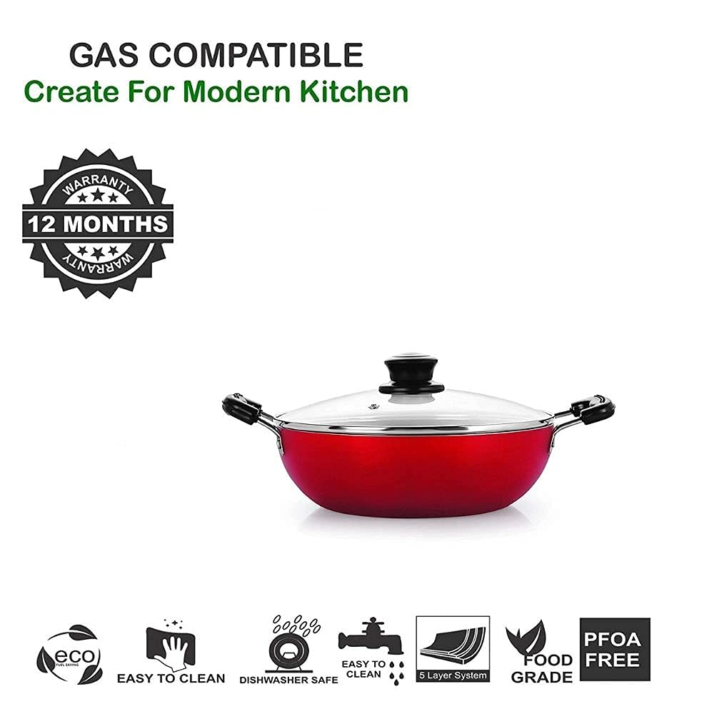 Mumma's LIFE Red Non Stick Kadhai with Glass Lid, Hammertone Finish
