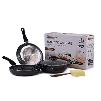 Mumma's LIFE Non Stick Aluminium Cookware Set of 6, Dosa Tawa, Kadai with Glass Lid, Frying Pan