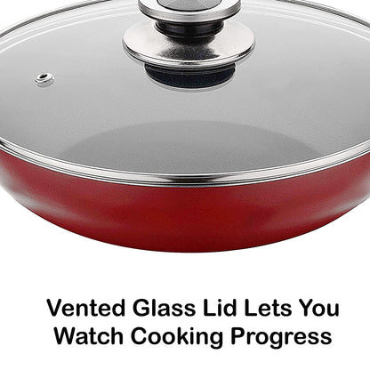 Mumma's LIFE Red Non Stick Kadhai with Glass Lid, Hammertone Finish