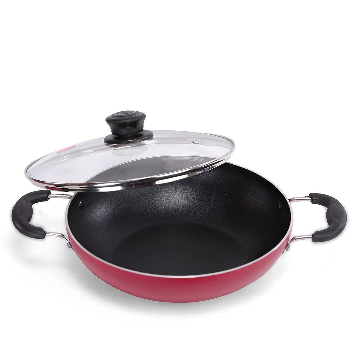 Mumma's LIFE Red Non Stick Kadhai with Glass Lid, Hammertone Finish