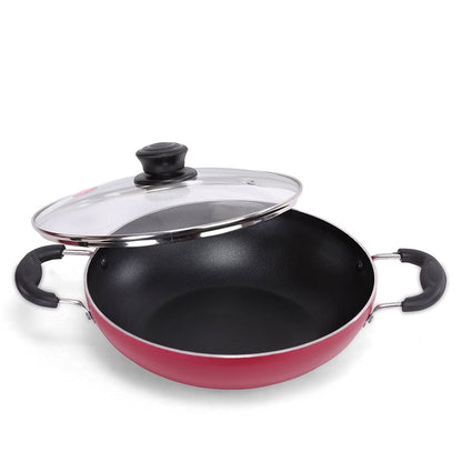 Mumma's LIFE Red Non Stick Kadhai with Glass Lid, Hammertone Finish