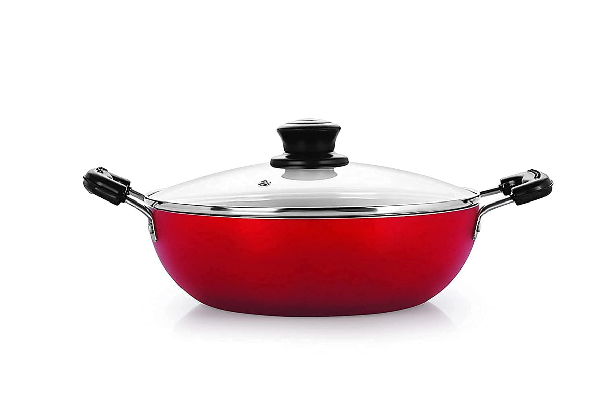Mumma's LIFE Red Non Stick Kadhai with Glass Lid, Hammertone Finish