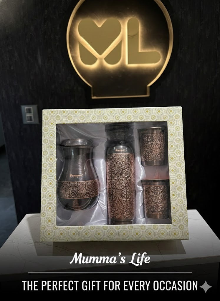 Mumma’s Life Pure Copper Gift Set – 1000ml Leak-Proof Water Bottle, 2 Glasses & 1 Jug with Intricate Embossed Design – Ayurvedic Health Benefits, Luxury Gift Box for Home, Office & Gifting