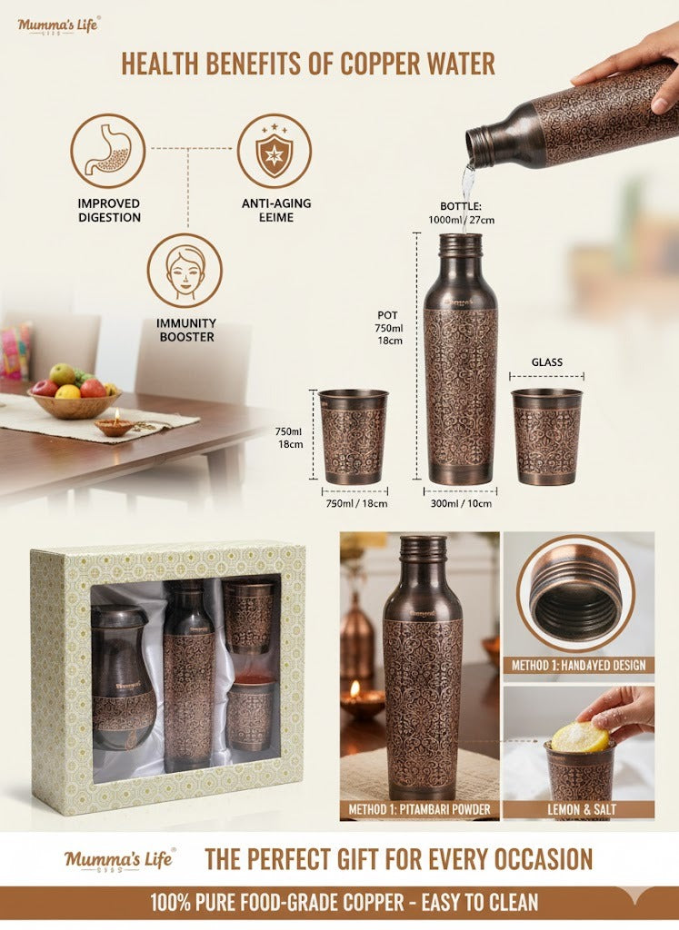 Mumma’s Life Pure Copper Gift Set – 1000ml Leak-Proof Water Bottle, 2 Glasses & 1 Jug with Intricate Embossed Design – Ayurvedic Health Benefits, Luxury Gift Box for Home, Office & Gifting