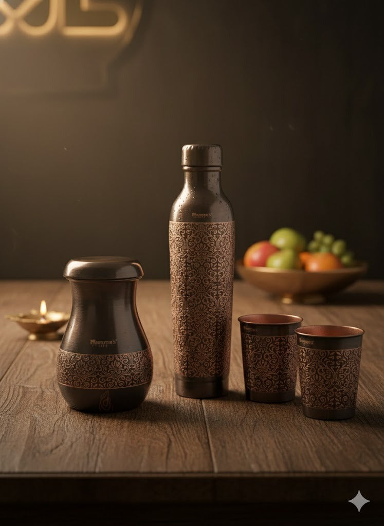 Mumma’s Life Pure Copper Gift Set – 1000ml Leak-Proof Water Bottle, 2 Glasses & 1 Jug with Intricate Embossed Design – Ayurvedic Health Benefits, Luxury Gift Box for Home, Office & Gifting