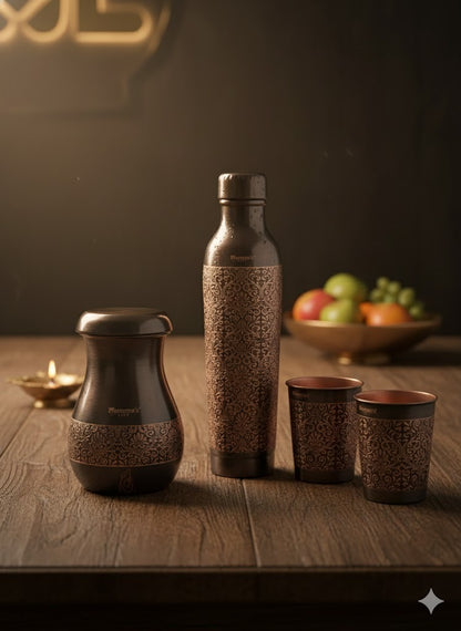 Mumma’s Life Pure Copper Gift Set – 1000ml Leak-Proof Water Bottle, 2 Glasses & 1 Jug with Intricate Embossed Design – Ayurvedic Health Benefits, Luxury Gift Box for Home, Office & Gifting