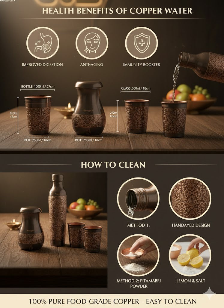 Mumma’s Life Pure Copper Gift Set – 1000ml Leak-Proof Water Bottle, 2 Glasses & 1 Jug with Intricate Embossed Design – Ayurvedic Health Benefits, Luxury Gift Box for Home, Office & Gifting