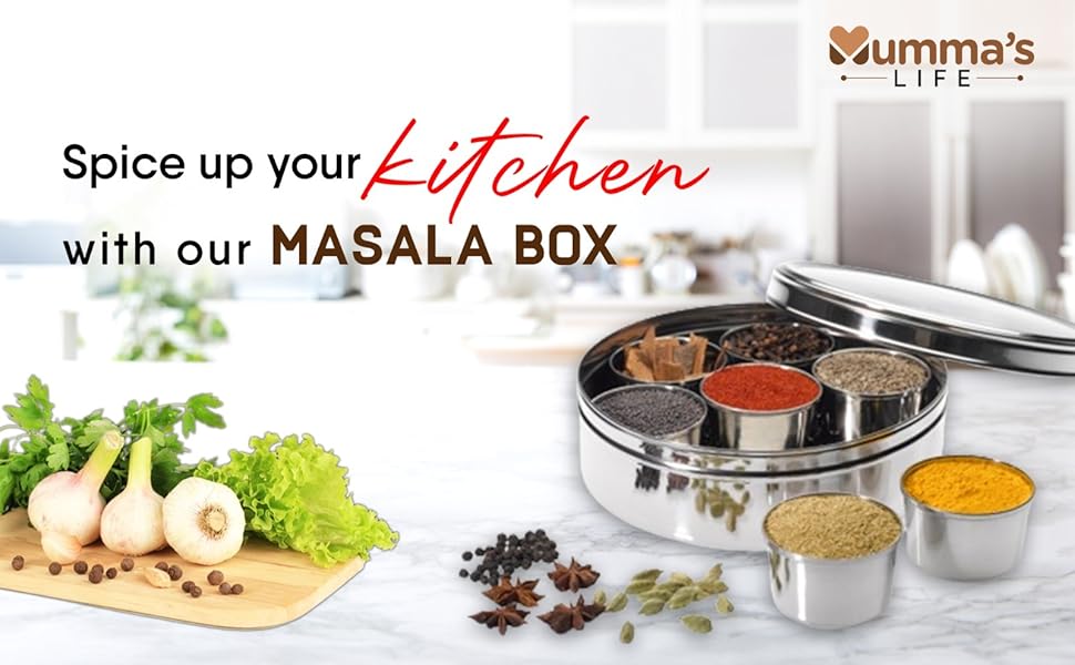 Stainless Steel Masala Box For Kitchen with See Through Lid, 7 Containers and 1 Small Spoons
