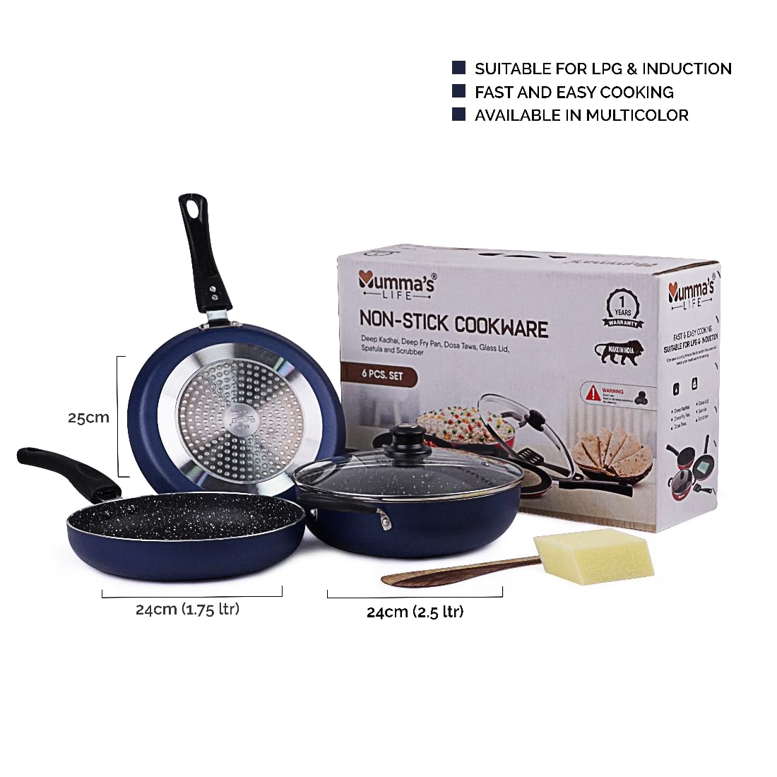 Mumma's LIFE Non Stick Aluminium Cookware Set of 6, Dosa Tawa, Kadai with Glass Lid, Frying Pan