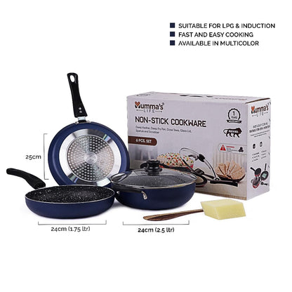 Mumma's LIFE Non Stick Aluminium Cookware Set of 6, Dosa Tawa, Kadai with Glass Lid, Frying Pan