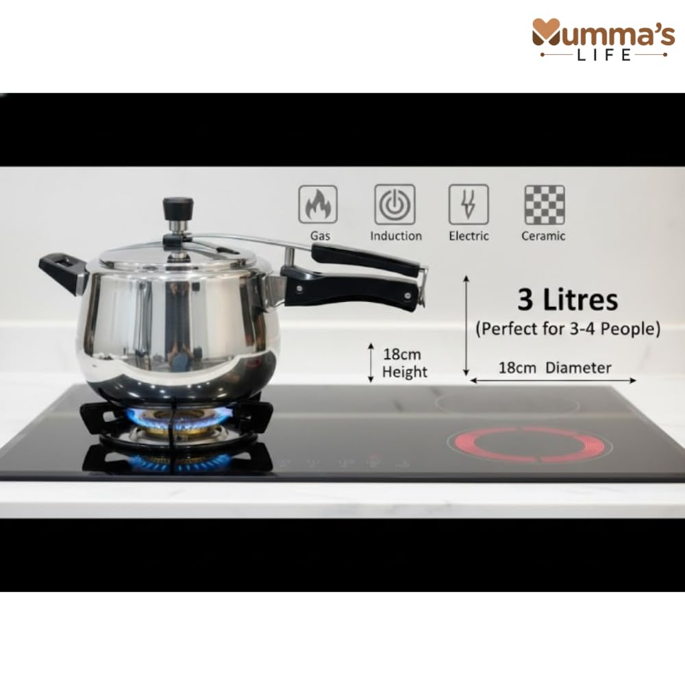 Mumma's LIFE Triply Stainless Steel Pressure Cooker 3L | ISI Certified | Gas & Induction Compatible (Silver)