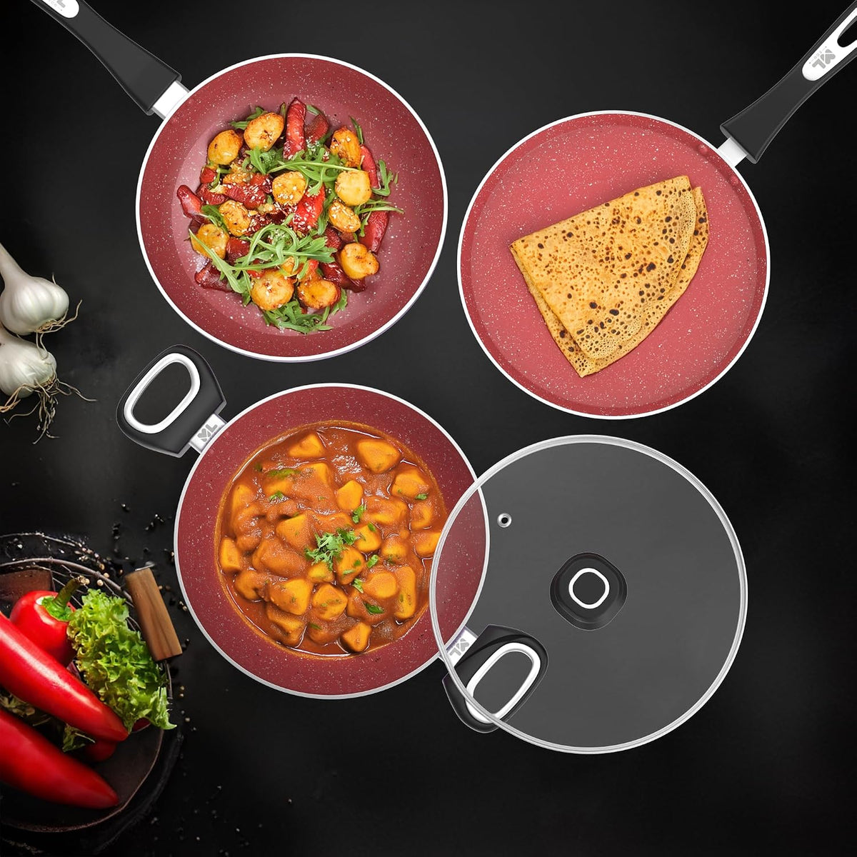 Mumma's LIFE Non Stick Aluminium Cookware Set of 6, Dosa Tawa, Kadai with Glass Lid, Frying Pan