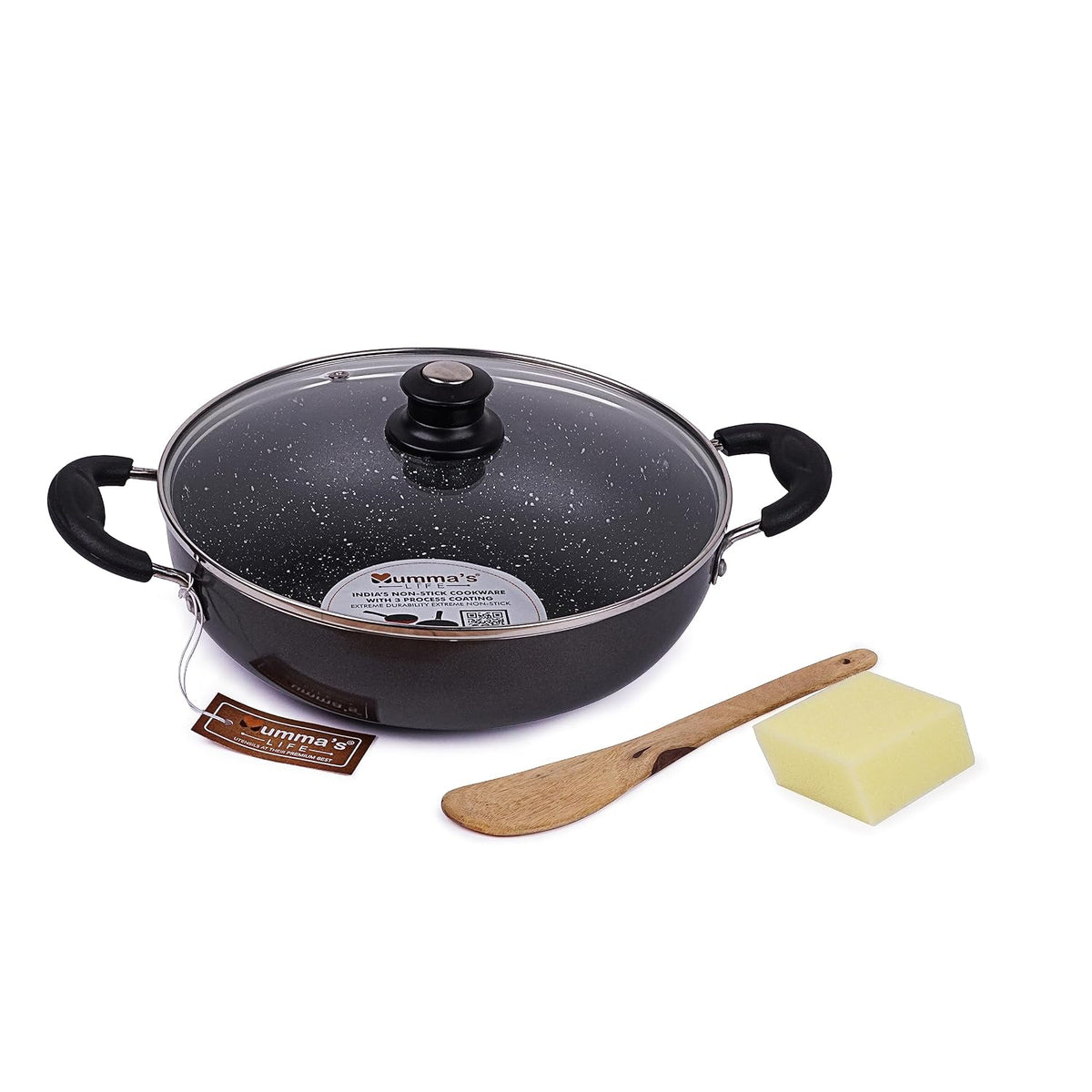 Mumma's LIFE Non Stick Deep Kadai with Glass Lid, PFOA Free, Induction and Gas Friendly