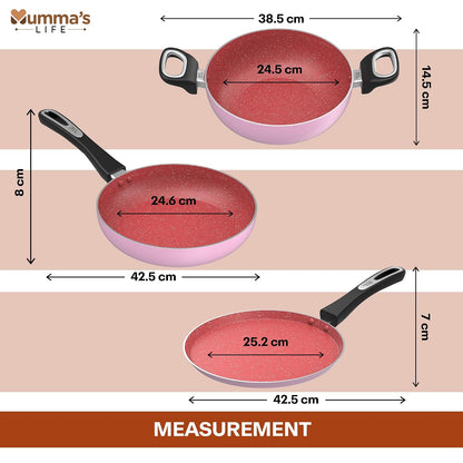 Mumma's LIFE Non Stick Aluminium Cookware Set of 6, Dosa Tawa, Kadai with Glass Lid, Frying Pan
